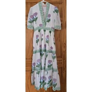 Oliphant V-neck Cuffed Maxi Bloom Lilac Floral Cotton Toile Dress Women XS S